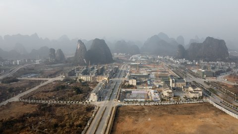 Yangshuo city construction, city development in Chinese countryside, aerial view
