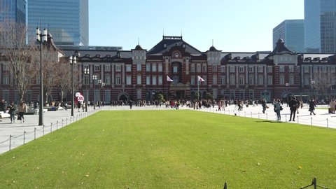 Tokyo , Tokyo , Japan - 01 01 2020: Tokyo Station,Tokyo,Japan: Landscape view infront of Tokyo Train Station Courtyard Area with many tourist people in winter daytime