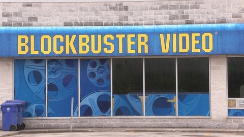Owen Sound, Ontario, Canada May 2021 Blockbuster movie video rental store in sits empty since bankruptcy