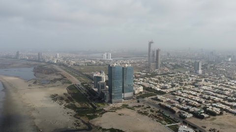 karachi pakistan 2018, 4k drone footage of karachi cityscape, landmarks of karachi, dolmen mall clifton and harbor front tower, sea view 