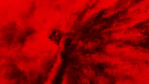 Fallen angel with torn off wings. Scary 2d animation. Evil demon turned its head. Dark visions of hell.  Gloomy character concept art. Black and red background. Apocalyptic doomsday theme video clip.