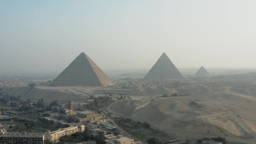 Aerial view of the pyramids of Giza, Giza pyramids shot by drone Royalty-Free Stock Footage #1074066995