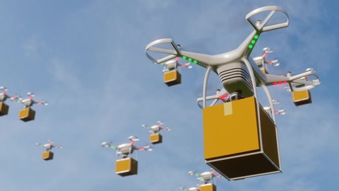Parcel delivery service by drone. Delivery technology with multiple drones in the sky. Boxes are delivered via online shopping during Lockdown or Work from home covid-19 virus outbreak. 3d rendering.