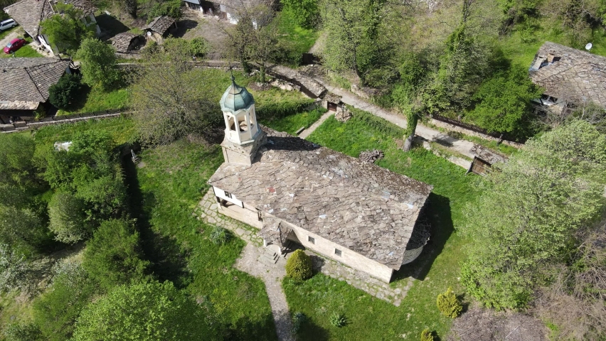 Aerial view of Church of the Holy Prophet Elijah in village of Bozhentsi, Gabrovo region, Bulgaria
