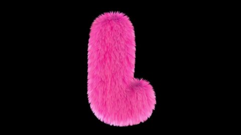 Pink fur letter L, 3D animated font, fluffy texture, with alpha matte. 