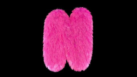Pink fur letter N, 3D animated font, fluffy texture, with alpha matte. 