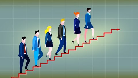Cartoon group of business people characters going up the chart graph stairs animation. Business metaphor of progress, success, career advancement, climbing up career ladder or stairs. Seamless loop.