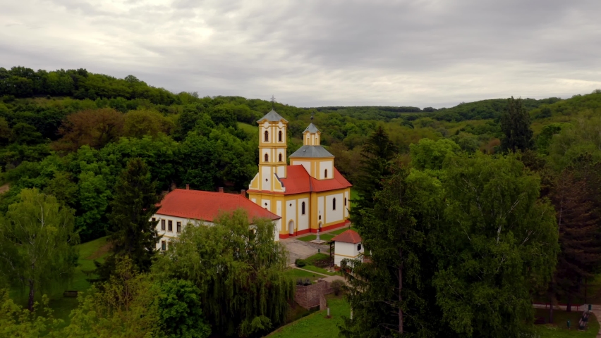 St Michael and Gabriel Serbian orthodox Church in Hungary, Graboc village. Aerial 4k footage about this amazing blessed place. 