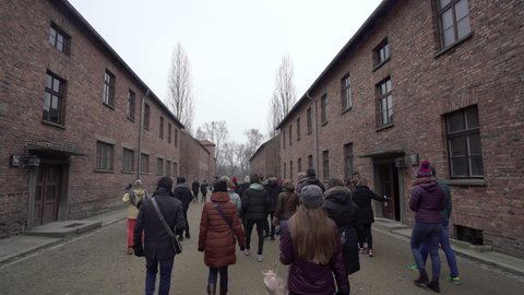 Oswiecim , Poland - 01 18 2020: Tourists walking in Auschwitz between the blocks of building