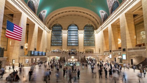 New York , New York , United States - 09 11 2019: Grand Central Terminal Timelapse people moving and rushing to work