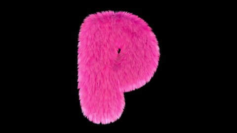 Pink fur letter P, 3D animated font, fluffy texture, with alpha matte.