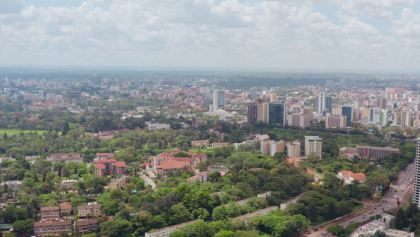 Aerial view of Nairobi cityscape Kenya. Downtown downtown with skyscraper streets with traffic and park in the city.