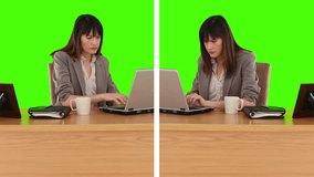 Two different situations of a businesswoman at her desk against a green screen