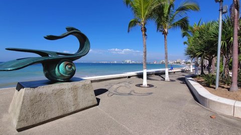 Puerto Vallarta, Mexico-20 February, 2021: Famous Malecon sculptures located on scenic ocean boardwalk with ocean lookouts, beaches, scenic landscapes hotels and city views