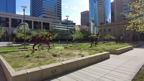 Calgary, Alberta, Canada - June 3, 2021:  Harley Hotchkiss Gardens in Downtown Calgary. Popular lunch spot for office workers in Calgary. 