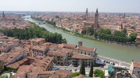 Verona city with Adige river in Italy. Europe aerial panoramic view of old Italian town.