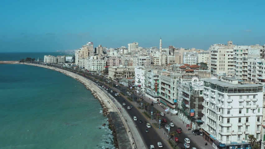 Drone footage of the Mediterranean Corniche in Alexandria