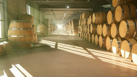 Warehouse with barrels for wine, whiskey or other alcohol