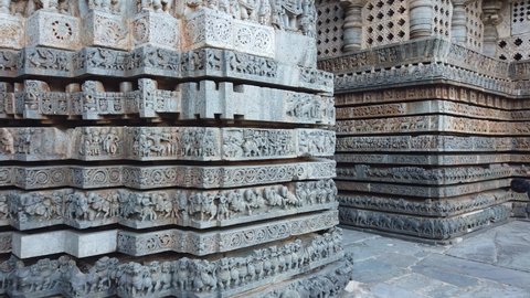Hassan , KARNATAKA , India - 01 13 2021: The Hoysaleshwara temple is a Hoysala architecture dated the 12th century with impressive stone carvings captured