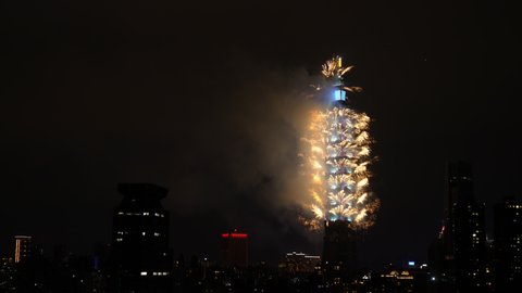 Taipei , Taiwan - 01 01 2021: Welcoming the new Year 2021 in Taipei, Taiwan, bright and Colorful firworks on the Taipei 101.