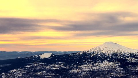 Panoramic view of Mount Bachelor, Oregon at sunset from a helicopter