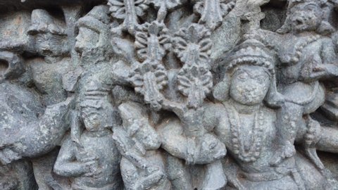 Hassan , KARNATAKA , India - 01 13 2021: The Hoysaleshwara temple is a Hoysala architecture dated the 12th century with impressive stone carvings captured