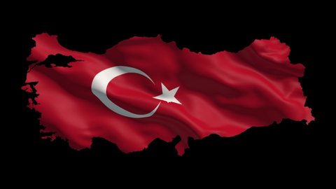 Flag waving in the map of Turkey. Turkey Flag and Turkey Map. 4K footage. Alpha matte isolated on white