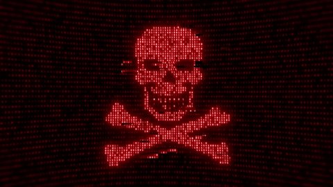 4K 3D Skull shape with noise and glitching. Internet piracy and online security concept. Seamless loop animation. computers infected with virus, global hacking attack.