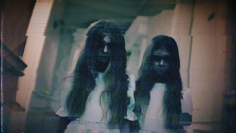 Two ghostly twins looking at camera, zombie children, creepy horror scene. Paranormal events, ghost activity, horror scene, tv distortion effect
