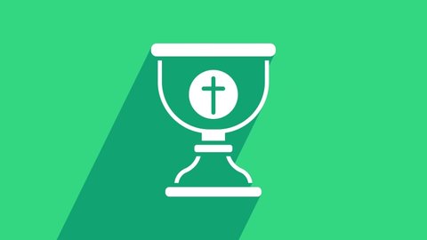 White Christian chalice icon isolated on green background. Christianity icon. Happy Easter. 4K Video motion graphic animation.