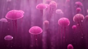Moving throug a group of magenta pink Jellyfishes. Sea jelly peacefully swimming in deep dark muddy ocean aquarium. Can be used as background or as stand-alone video. The video is a seamless loop 4k
