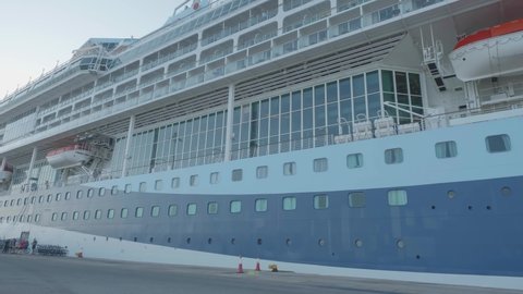 CORFU, GREECE, SEPTEMBER 27, 2019: Tui Discovery Marella cruise anchored in city port during disembarking passengers.