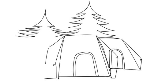 Camping in the forest with tents in one line. Stock animation with a camp of tourists. 4k video of outdoor recreation with a picnic. Clip with alpha channel for whiteboards, presentations, explainers.