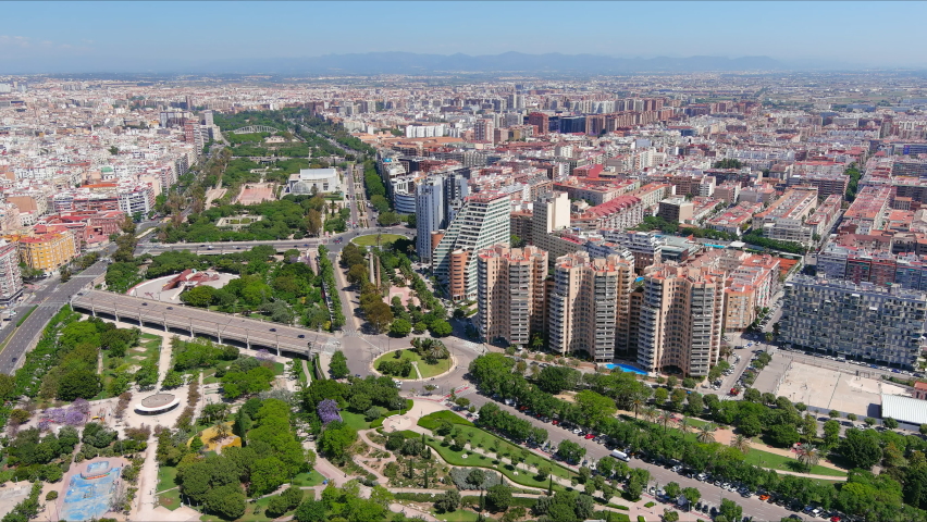 Valencia: Aerial view of famous city in Spain, modern city part, sunny with blue sky - landscape panorama of Europe from above