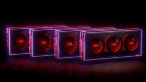 several powerful modern video cards with backlit rotating coolers on a black background. 3d render