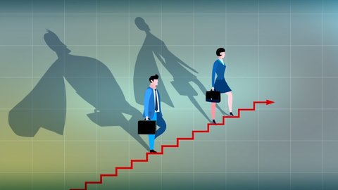 Cartoon businessman and businesswoman with super hero shadow going up the chart graph stairs animation. Business metaphor of progress, success, career advancement, climbing up career ladder or stairs.