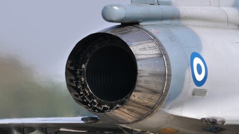 Andravida Air Base Greece APRIL, 03, 2019 Afterburner engine at full trust close view of military jet aircraft at take off. Dassault Mirage 2000 5BG of Hellenic Air Force