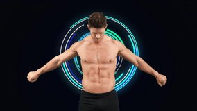 Animation of strong muscular man with scope scanning and data processing. global sport, competition, technology, data processing and digital interface concept digitally generated video.