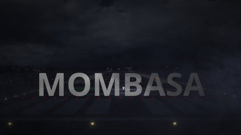 MOMBASA city name and airplane taking off from the airport at night. 3d animation