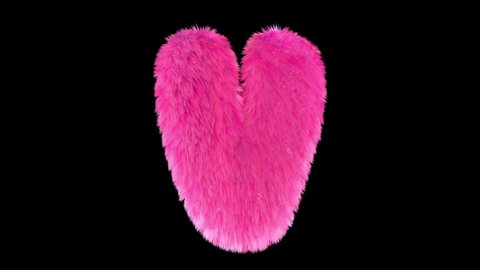 Pink fur letter V, 3D animated font, fluffy texture, with luma matte.
