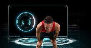 Animation of male athlete breathing heavily with scope scanning and data processing. global sport, competition, technology, data processing and digital interface concept digitally generated video.