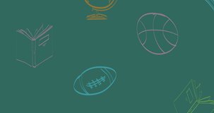 Animation of colourful sports ball, globe and book doodles moving over green chalkboard. school, education and study concept digitally generated video.