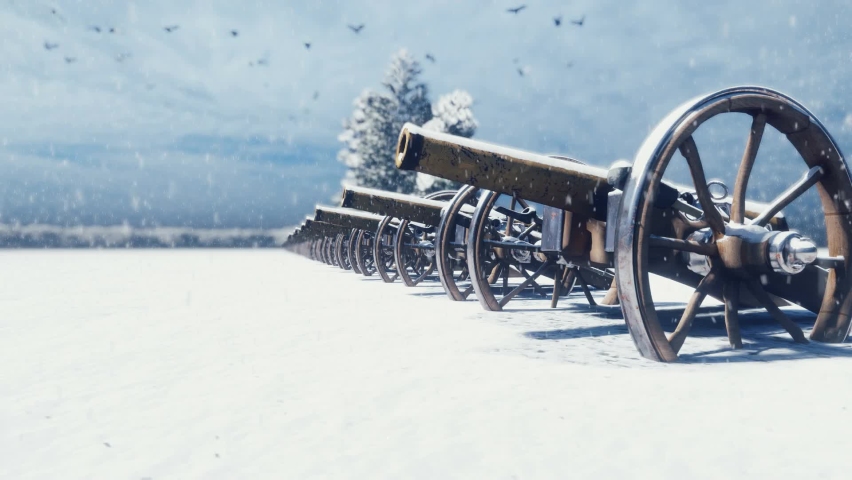 Cannons are on a winter field in the snow on a cloudy day, before the battle 