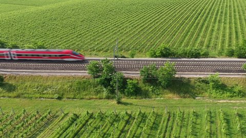 The movement of a red train at high speed between the vineyards, top view. Traffic red train aerial view.