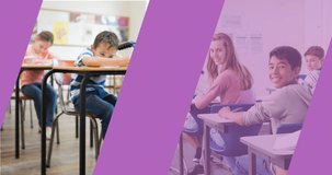 Animation of purple panels moving, masking schoolchildren sitting at desks in classrooms. school, education and study concept digitally generated video.