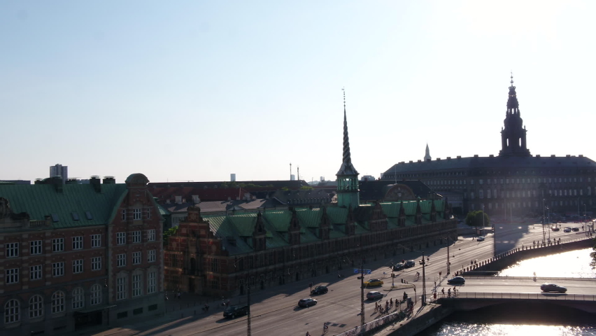Aerial View of The Old Stock Exchange (Børsen) building, Aerial View of Copenhagen City, Denmark