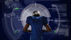 Animation of scopes scanning and data processing with american football player. global sports, competition technology and digital interface concept digitally generated video.