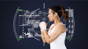 Animation of scopes scanning and data processing with woman boxing. global sports, competition technology and digital interface concept digitally generated video.