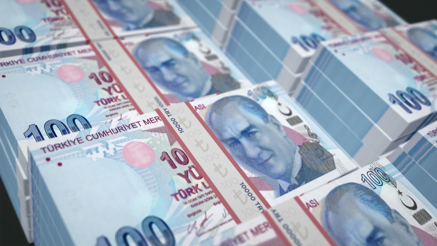 Turkish lira money pack loop 3d animation. Loopable seamless concept of finance, cash, economy, business and bank in Turkey. Camera moving over the TRY banknote bundle stacks.