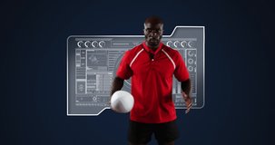 Animation of scopes scanning and data processing with rugby player. global sports, competition technology and digital interface concept digitally generated video.